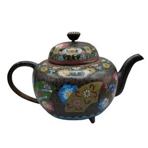 Japanese Cloisonne Teapot Meiji Period Antique Floral Brass 1800s Collectible